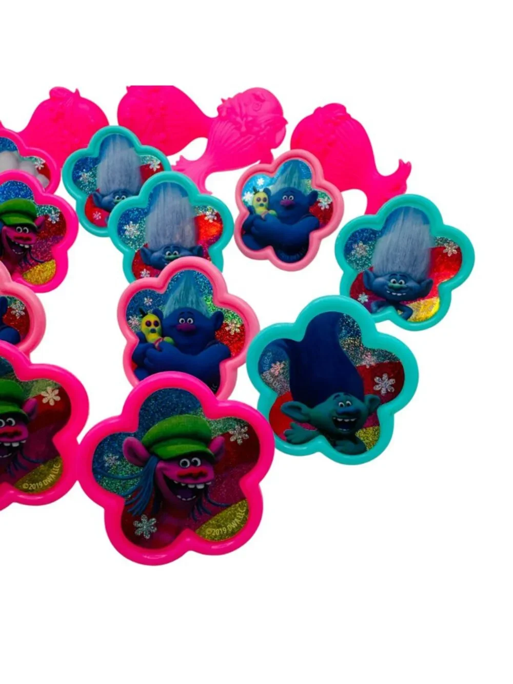 Trolls Plastic Party Favor Rings 24-Piece Set Pink & Teal Glittery Design